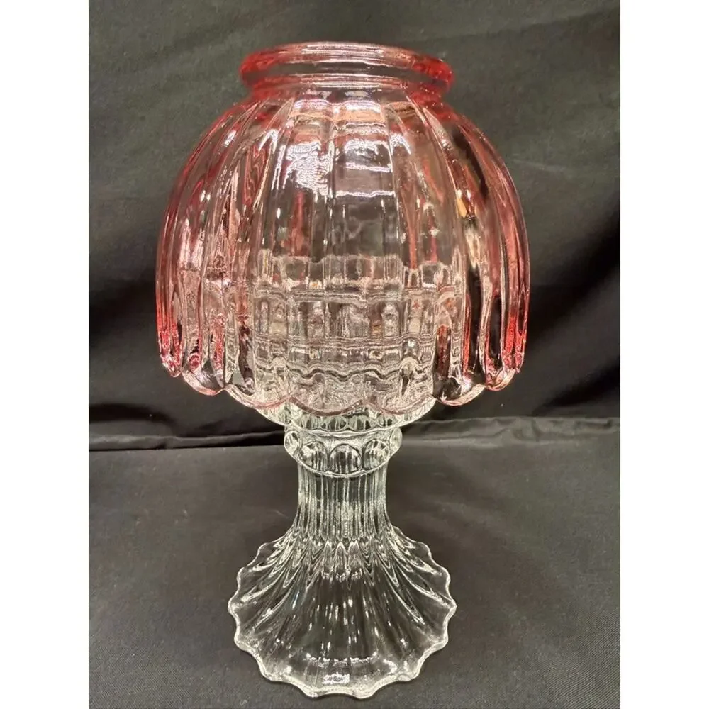Pair of L.E. Smith Vintage Pink Fairy Lamps Clear Glass Pedestal Candle Holders